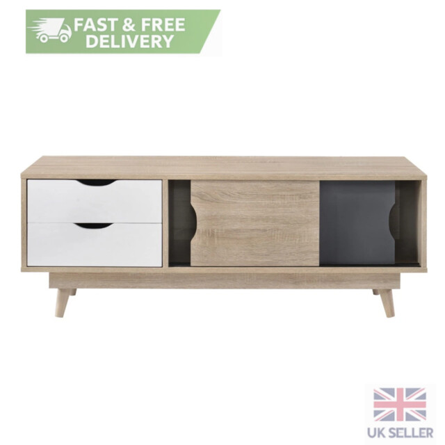 Light Oak Tv Cabinet Unit 120cm Media Stand 2 Doors 2 Drawers Storage