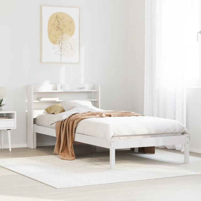 Bed Frame White Solid Pinewood 100x200 Cm Slatted Base Headboard