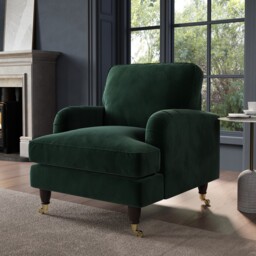 Green Velvet Armchair With Dark Wood Gold Legs Saddle Arms Traditional