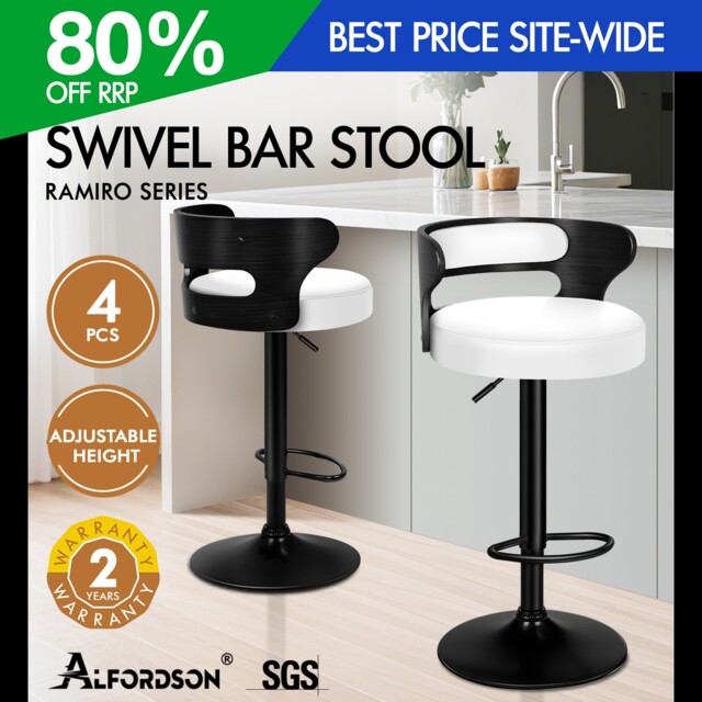 Alfordson 4x Bar Stool Swivel Padded Wooden Backrest Dining Kitchen
