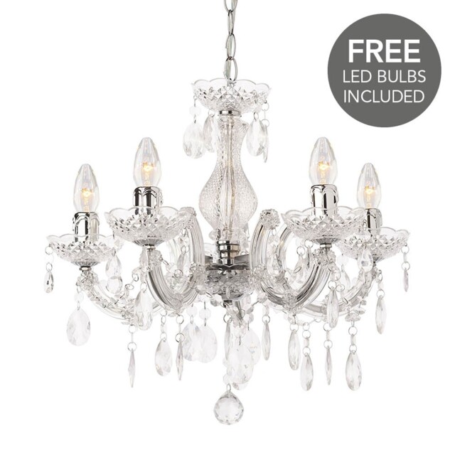 Litecraft Marie Therese Chandelier Crystal Effect Chrome 5 Arm & Free