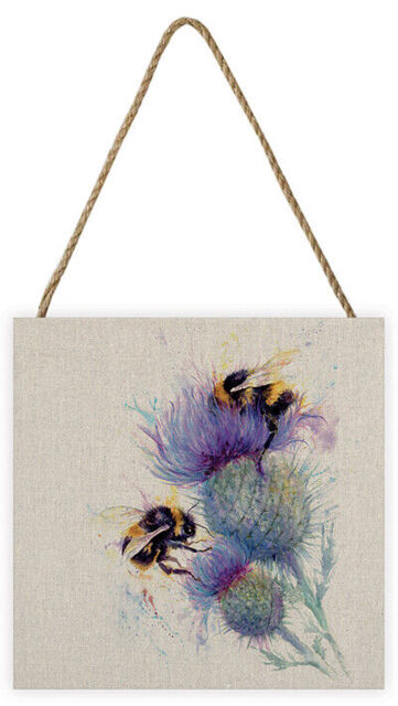 Jane Bannon - Bees On Thistle - Wooden Block Wall Art 20 X 20 X 3cm