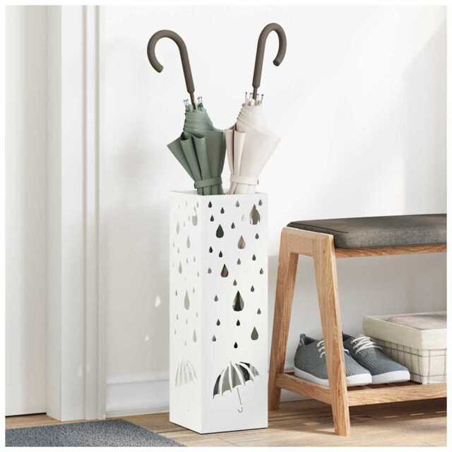 Umbrella Stand White Metal 15.5x15.5x49cm Slim Steel Rectangular