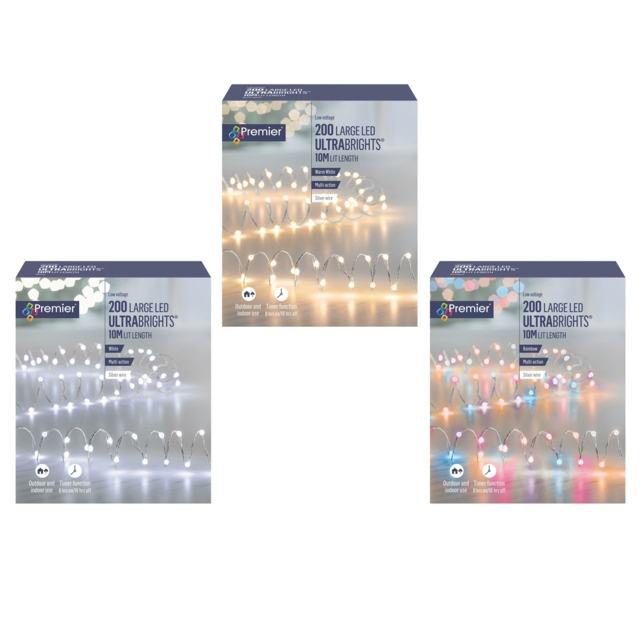 200 Large Led Ultrabright Garland Lights Silver Wire Multi Action