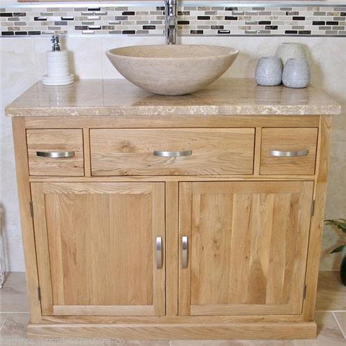 Bathroom Vanity Unit Oak Modern Cabinet Wash Stand Travertine Top &