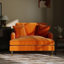 Orange Velvet Loveseat With Saddle Arms Wood Legs Foam Filled