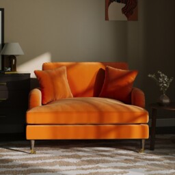 Orange Velvet Loveseat With Saddle Arms Wood Legs Foam Filled
