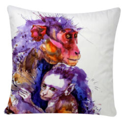 Monkey Family Love Watercolour Effect Chenille Cotton 17 X 17 Cushion
