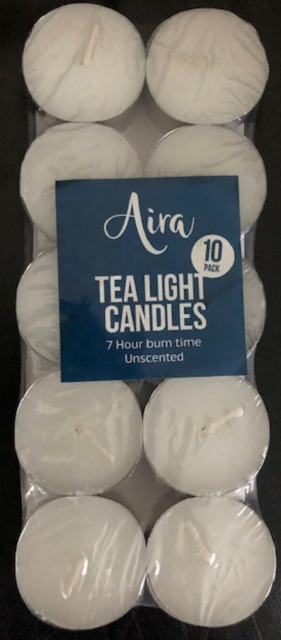 Pack Of 10 White Unscented Aira Tea Light Candles - Tealights- Burn