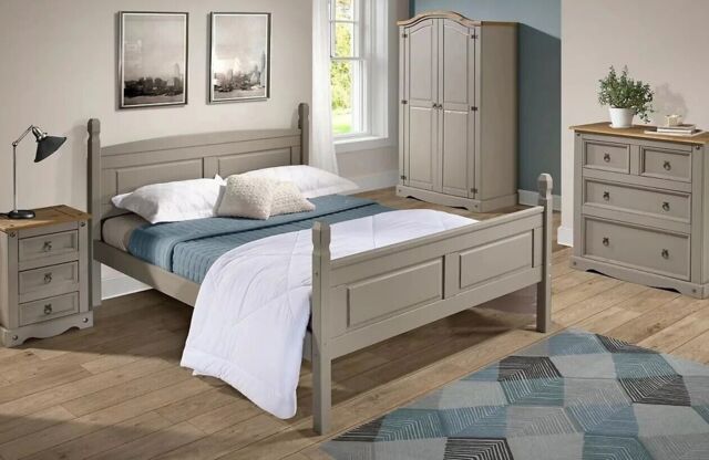 "Corona Bed Frame Double 4'6"" High End Grey Wax Solid Wood Mexican Pine"