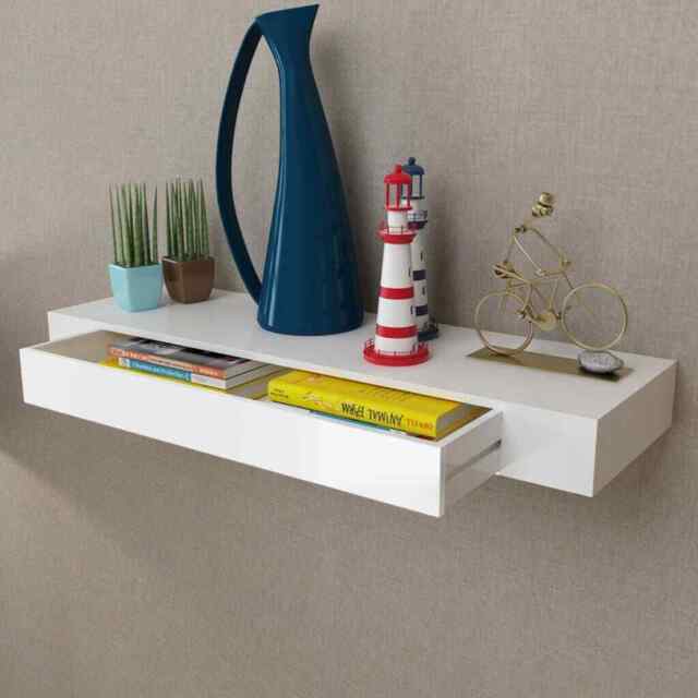 White Mdf Floating Wall Display Shelf 1 Drawer Book/dvd Storage Vidaxl