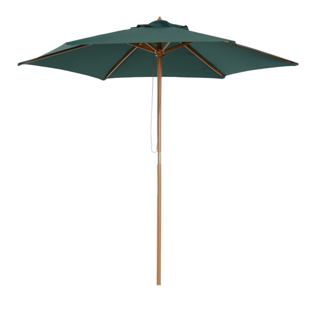 Parasol Wooden 2.5m Green Polyester Canopy Teak-frame Rope Pulley