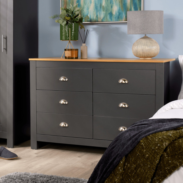 Chest Of 6 Drawers Graphite Wooden Bedroom Home Furniture Clothing