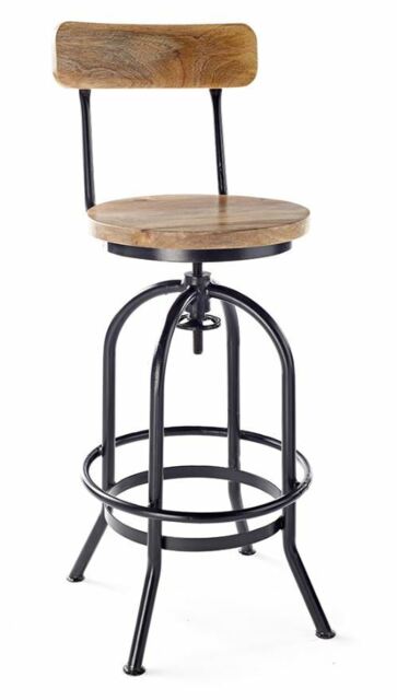 Adjustable Solid Wooden Bar Stool With Back Oak Finish Seat Height