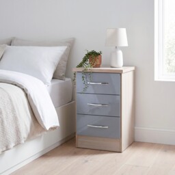 Nevada 3 Drawer Bedside Cabinet Grey Gloss Bedroom Nightstand Storage