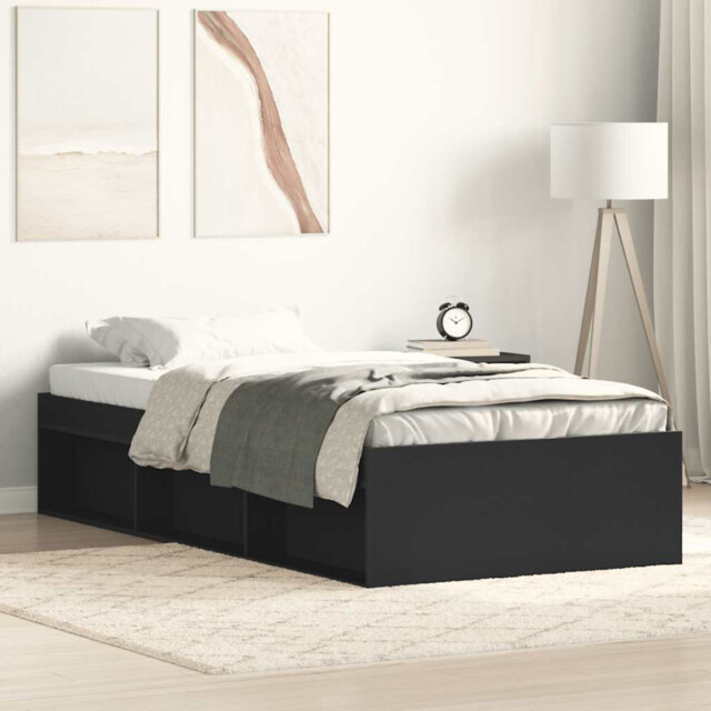 Bed Frame Black 90x190cm Engineered Wood Pine Storage 6 Compartments
