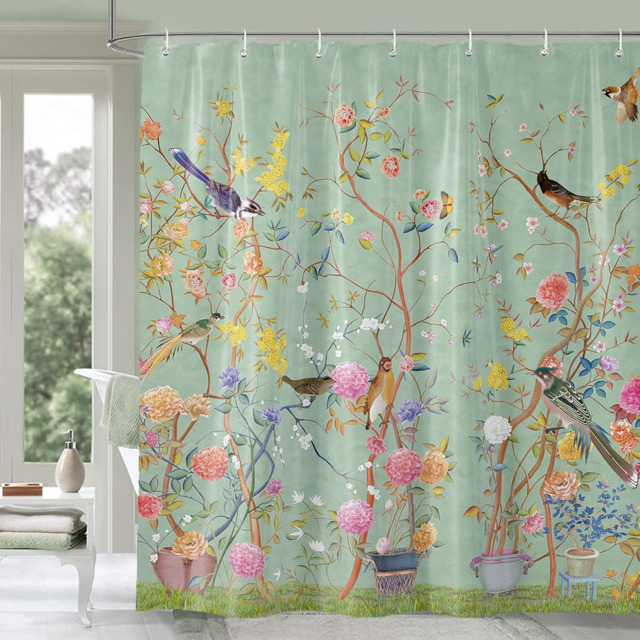 Shower Curtain Green Mould Proof Resistant Waterproof Bird Floral