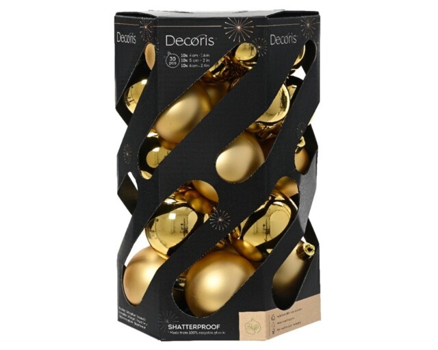 Shatterproof Mixed 30 Christmas Baubles - Gold - Various Sizes