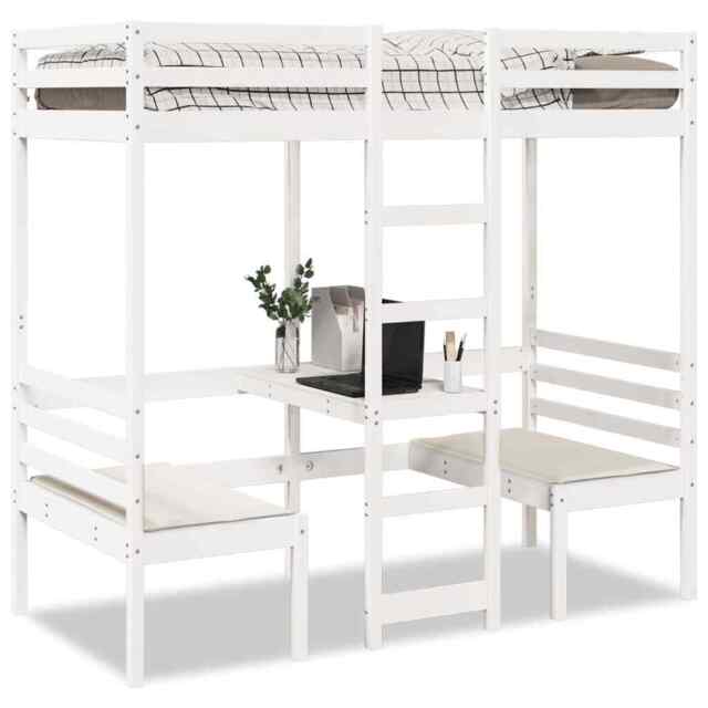 Loft Bed Frame With Desk And Chairs White 90x200cm Solid Wood Pine