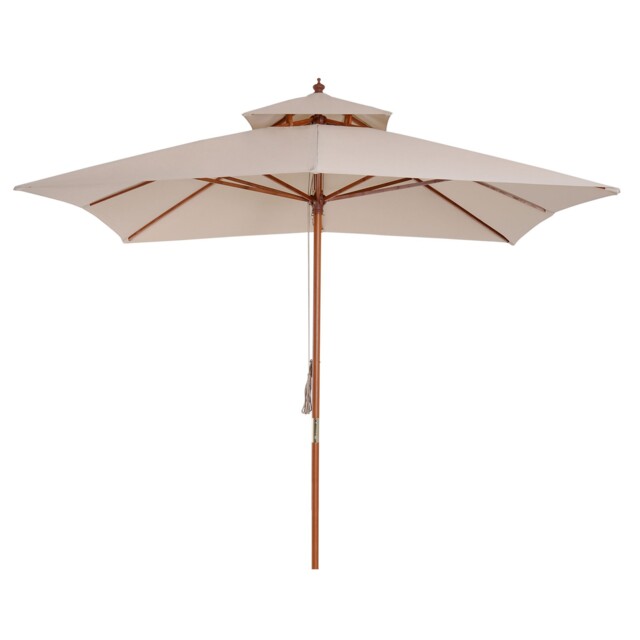 Patio Parasol 3m Beige Bamboo 2-tier Pulley Sunshade 8-rib Umbrella