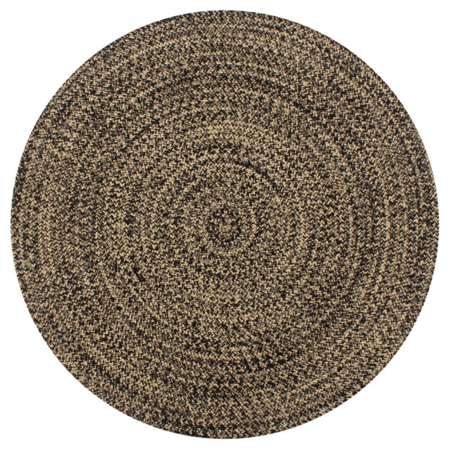 Round Rug Braided Jute Cotton Black & Natural 120cm Handmade Textured