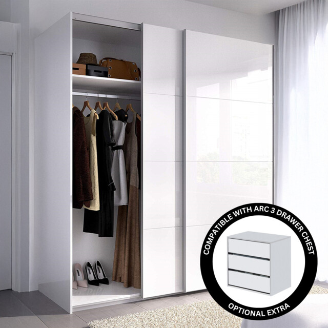 Arm Sliding Wardrobe & Drawer Chest Combo 150cm Wide White + Internal