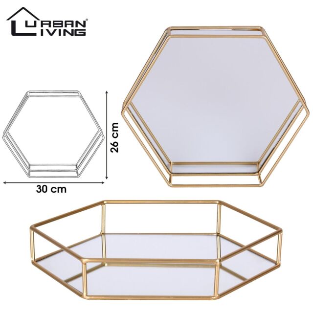 Hexagonal Tea Light Candle Tray Mirrored Glass Plate Gold Strong