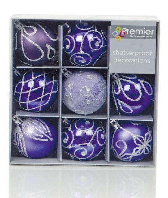 Shatterproof Purple Christmas Baubles 60mm - Pack Of 9