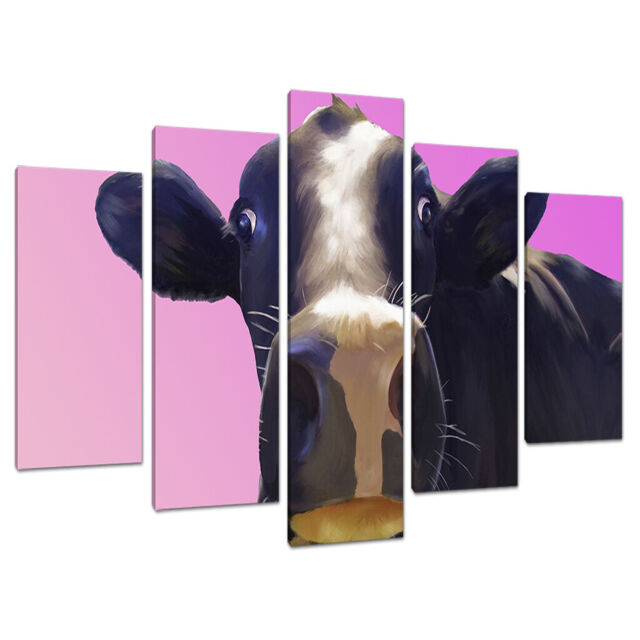 Set Of 5 Pink Cow Canvas Prints Pictures Modern Bedroom Wall Art 5151