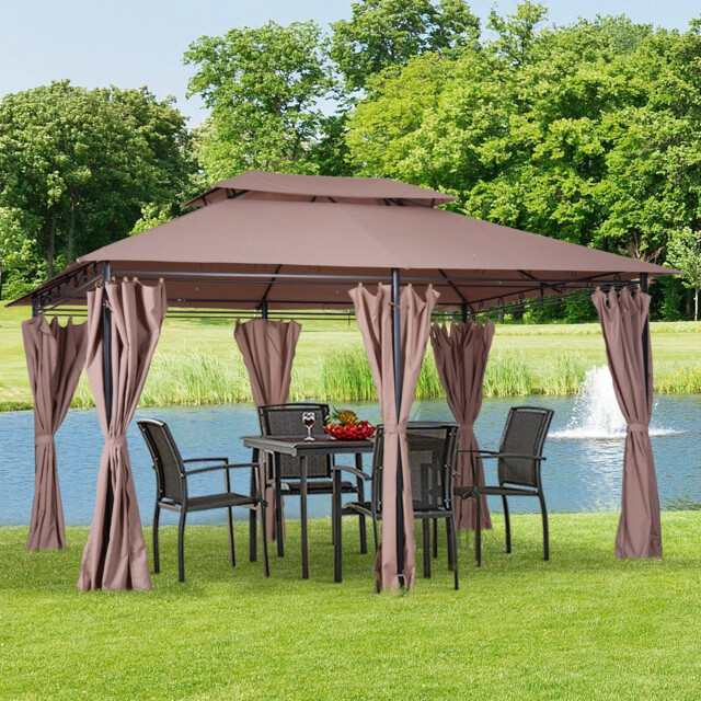 4m X 3(m) Outdoor 2-tier Steel Frame Gazebo With Curtains Outdoor