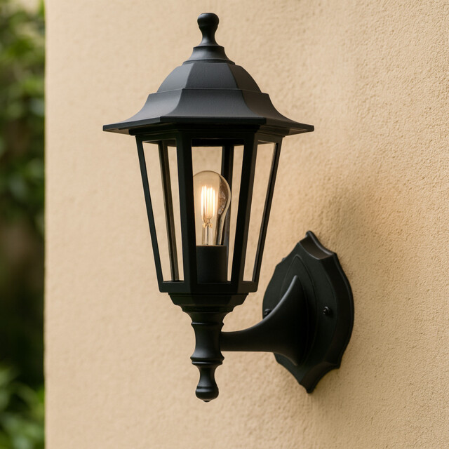 Victorian Outdoor Wall Lantern Black Ip44 Up/down 6-sided E27 + 5w Led