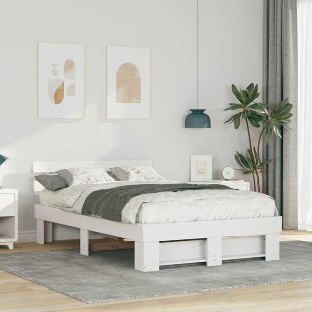 Bed Frame Double 135x190cm White Solid Pine Wood Slatted Headboard