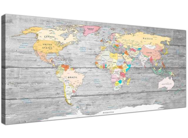 Large Map Of World Canvas Art Print - Colourful Light Grey - 120cm