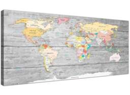 Large Map Of World Canvas Art Print - Colourful Light Grey - 120cm