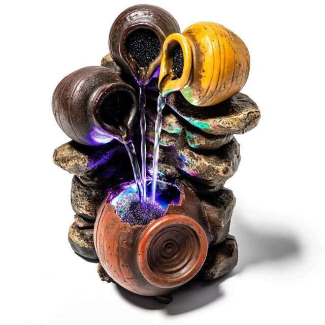 Tabletop Fountain Triple Trickle Honey Pots Water Feature With Lights