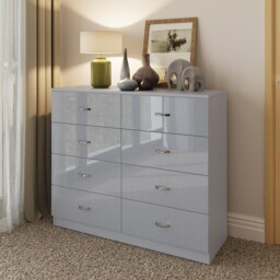Modern Grey Gloss Bedroom Furniture. Metal Handles. Chests Of Drawers