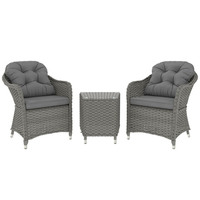 Bistro Set Aluminium Rattan Soft Cushions & Glass Top 3 Pcs