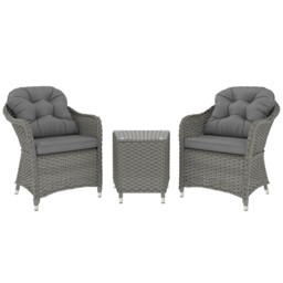 Bistro Set Aluminium Rattan Soft Cushions & Glass Top 3 Pcs