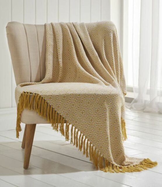 Diamond Design 100% Cotton Large Throw Fringed Ochre & White 180cm X