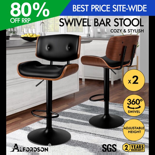 Alfordson 2x Bar Stools Padded Pu Leather Swivel Gas Lift Kitchen