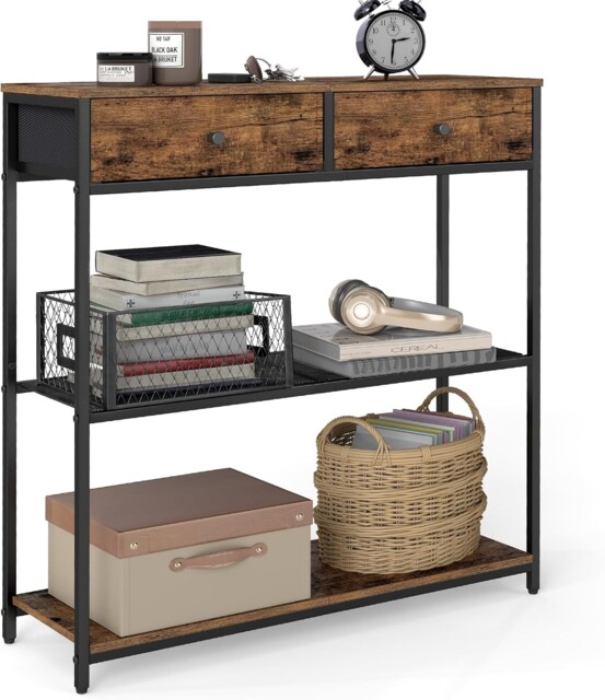 Vasagle Narrow Console Table With 2 Fabric 76w Cm, Rustic Brown + Ink