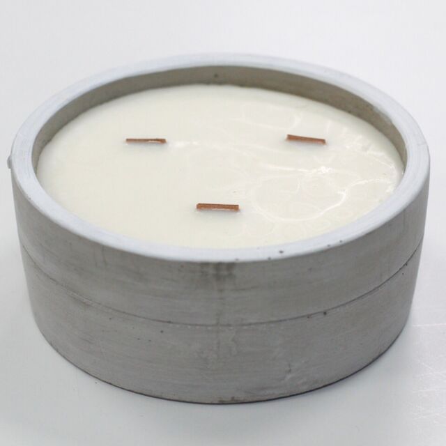 Large Round Concrete Wooden 3 Wick Crackling Soy Candle Patchouli &
