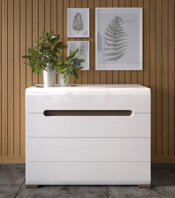 Chest Of Drawers White High Gloss Azteca Modern Design 105cm