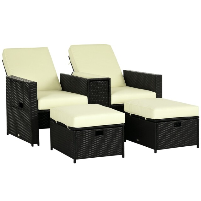 Outsunny Recliner Rattan Sun Lounger W/ Storage Tea Table &