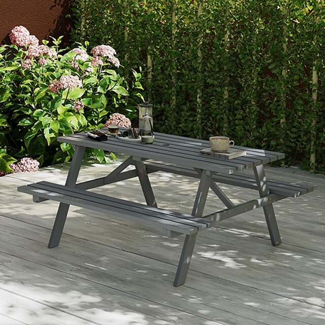 Wooden Picnic Table 6 Seater Bench Garden Outdoor Parasol Hole Grey