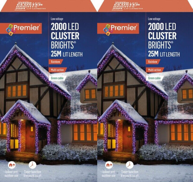2x Premier 2000 Led Cluster Indoor Outdoor Christmas Tree Lights Timer