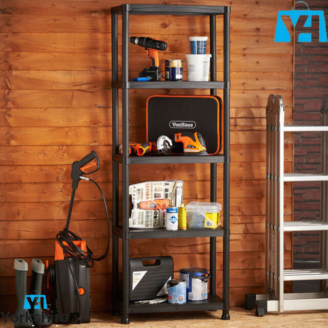 Plastic 5 Tier Black Shelving Storage Shelf Unit Home Office Kitchen