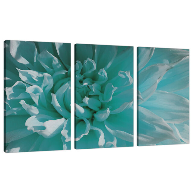 Set Of Three Teal Blue Canvas Prints Pictures Floral Wall Art Xxl 3103