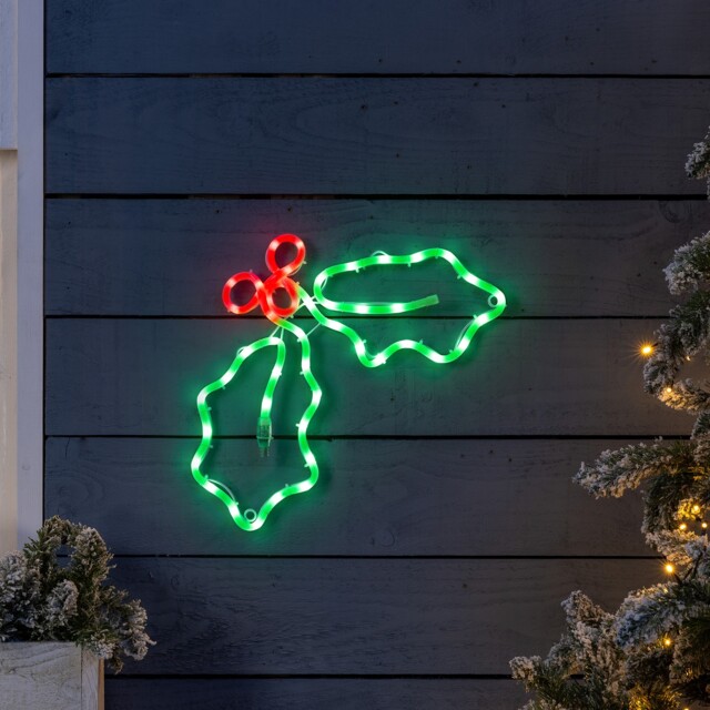 Holly Christmas Rope Light Silhouette Led Wall Window Decoration 32cm