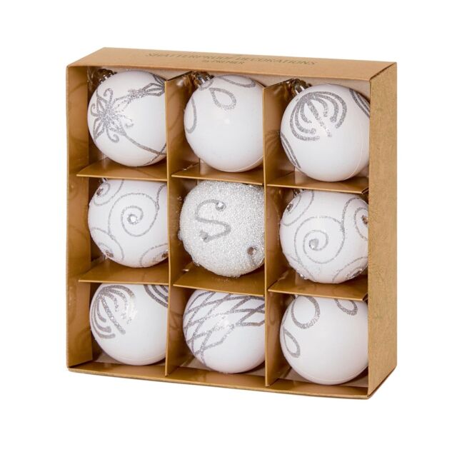 Christmas Shatterproof Baubles 9 Pack 60mm Tree Decoration White